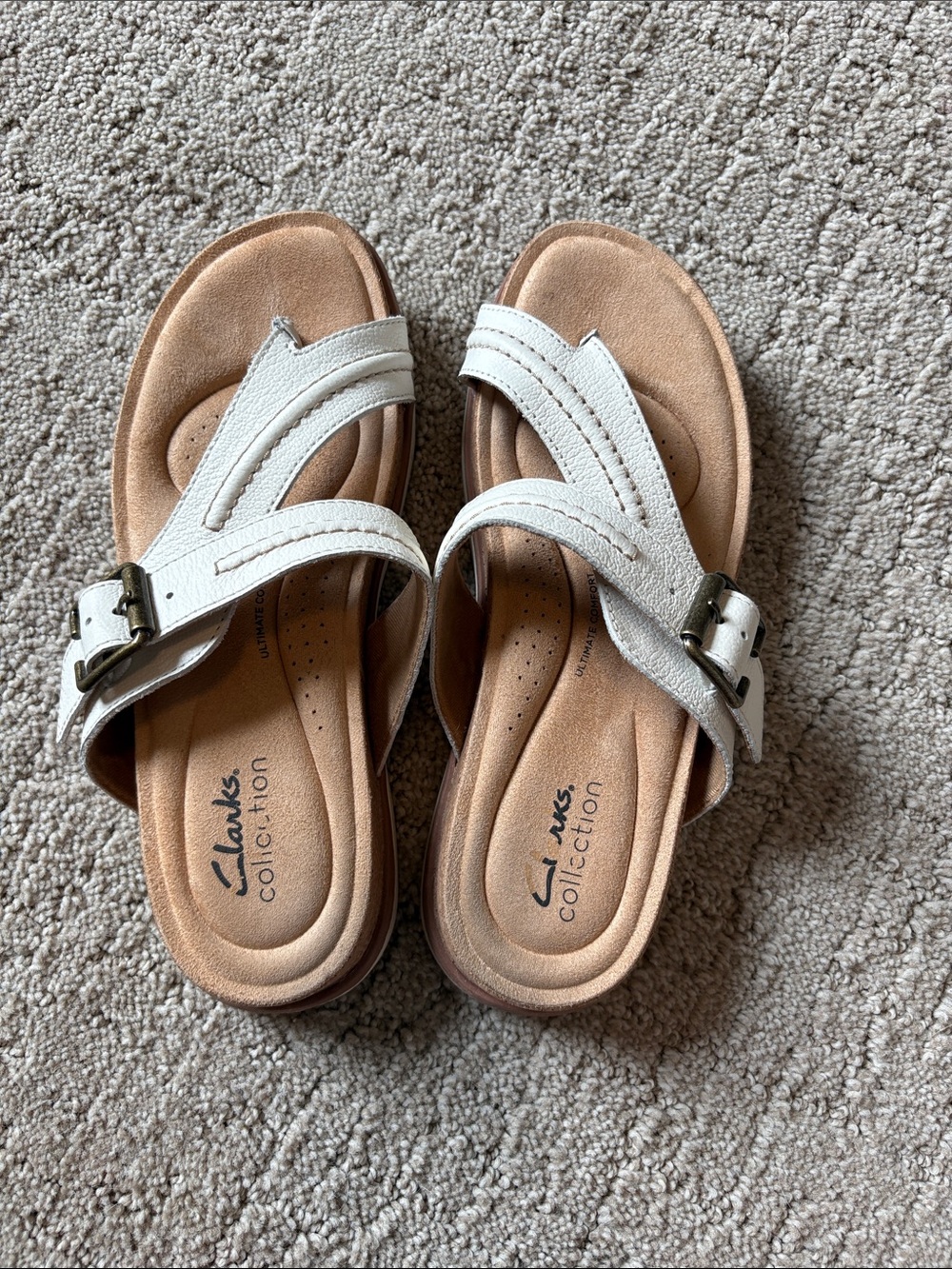Clarks White Leather Buckle Slide Sandals